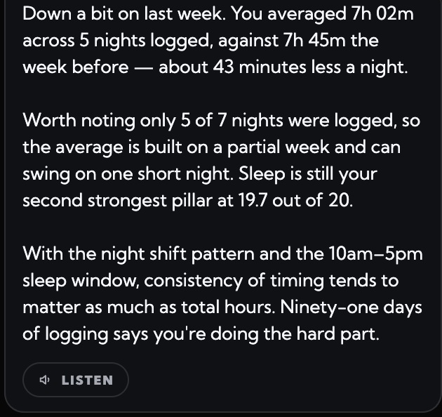 The coach explaining a week of sleep data.