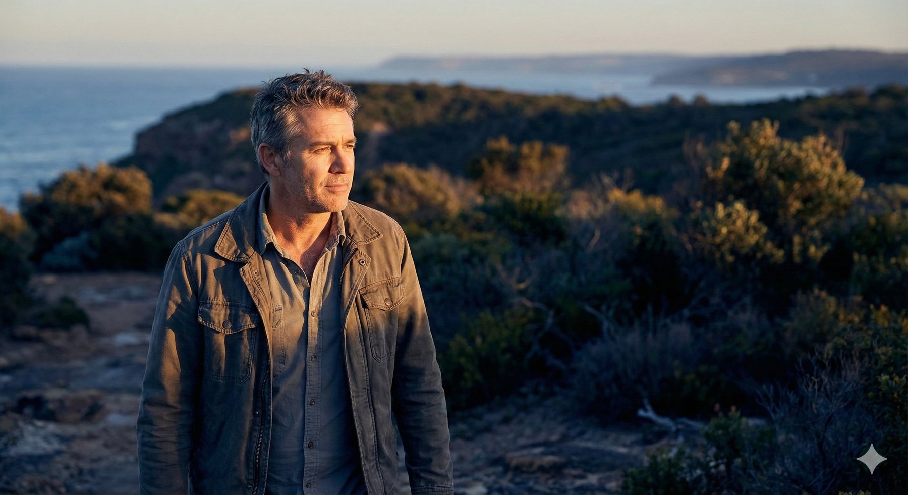 A man standing on a coastal clifftop at sunset