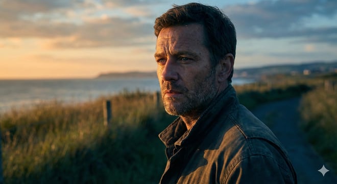 A man standing on a coastal path at sunset, looking tired and reflective