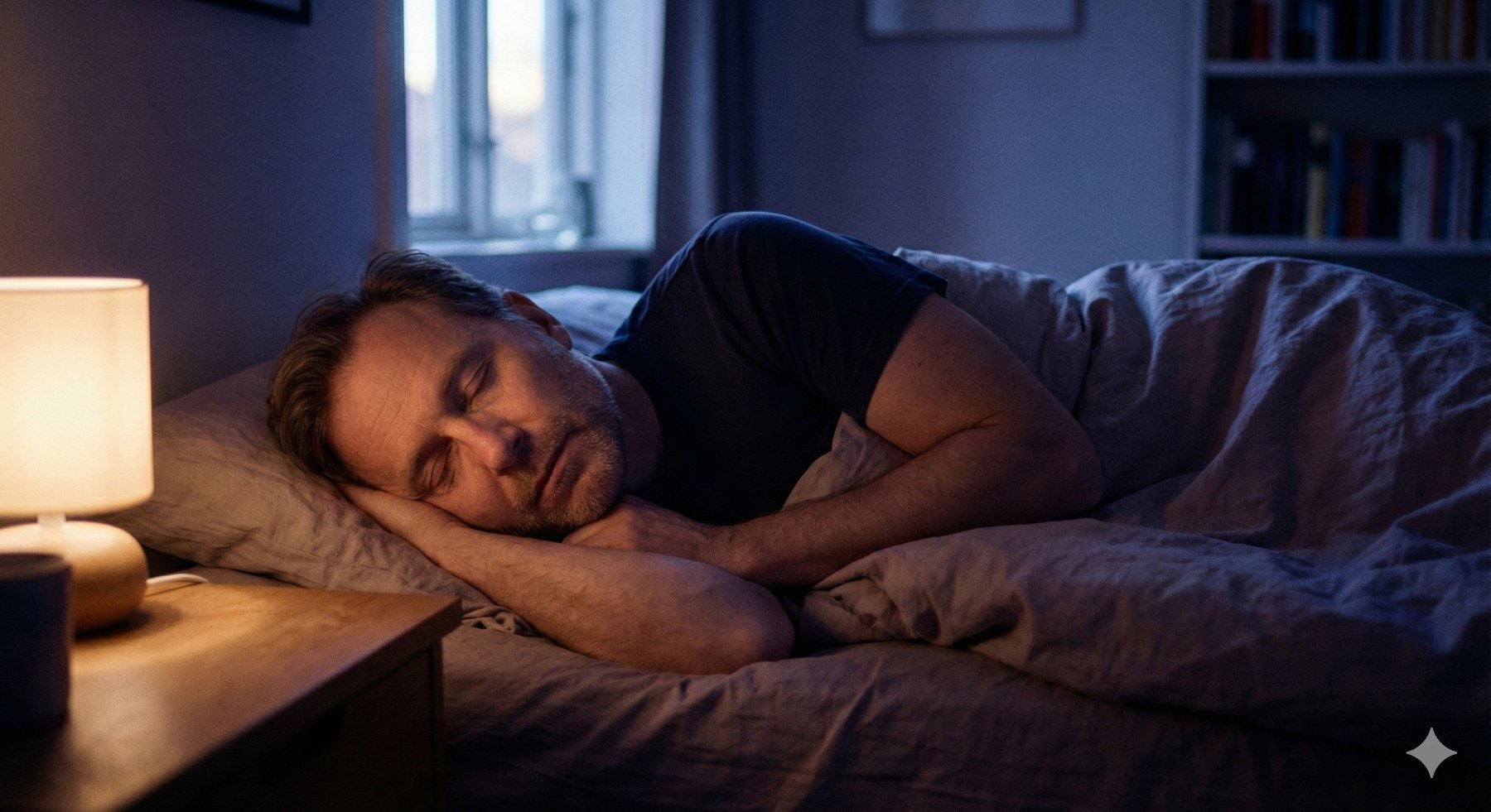 A man asleep in a dark bedroom lit by a bedside lamp
