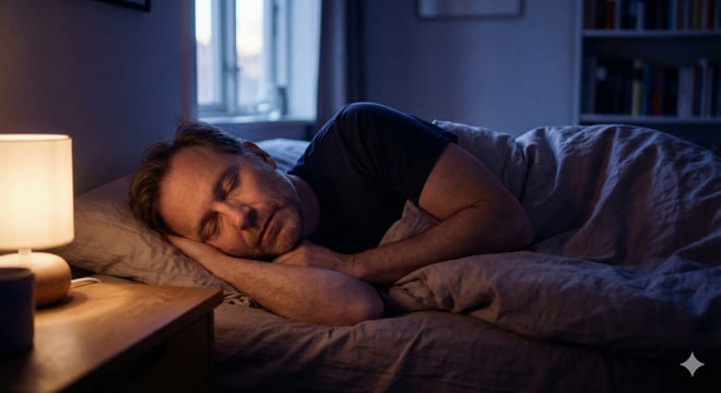 A man asleep in a dark bedroom lit by a bedside lamp