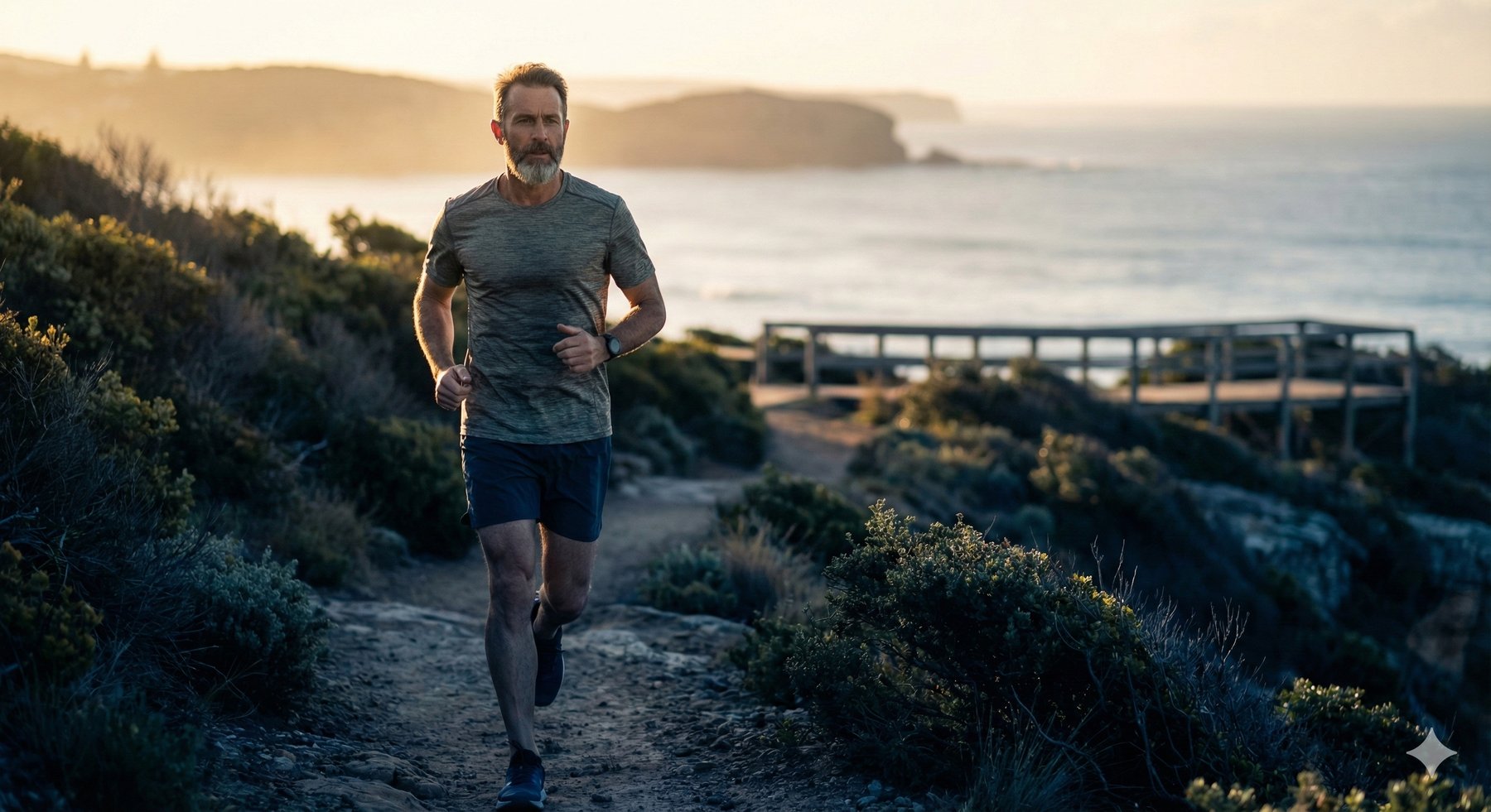 A man running along a coastal trail at sunrise