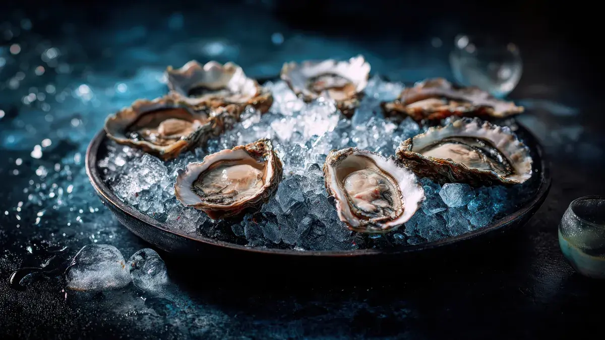 Fresh oysters on crushed ice in a dark bowl