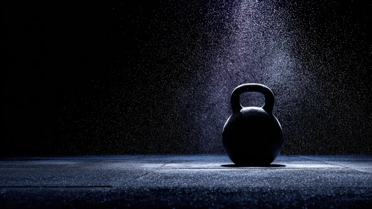A single kettlebell on a dark gym floor under a spotlight