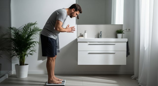 A man frustrated with the reading on his bathroom scale