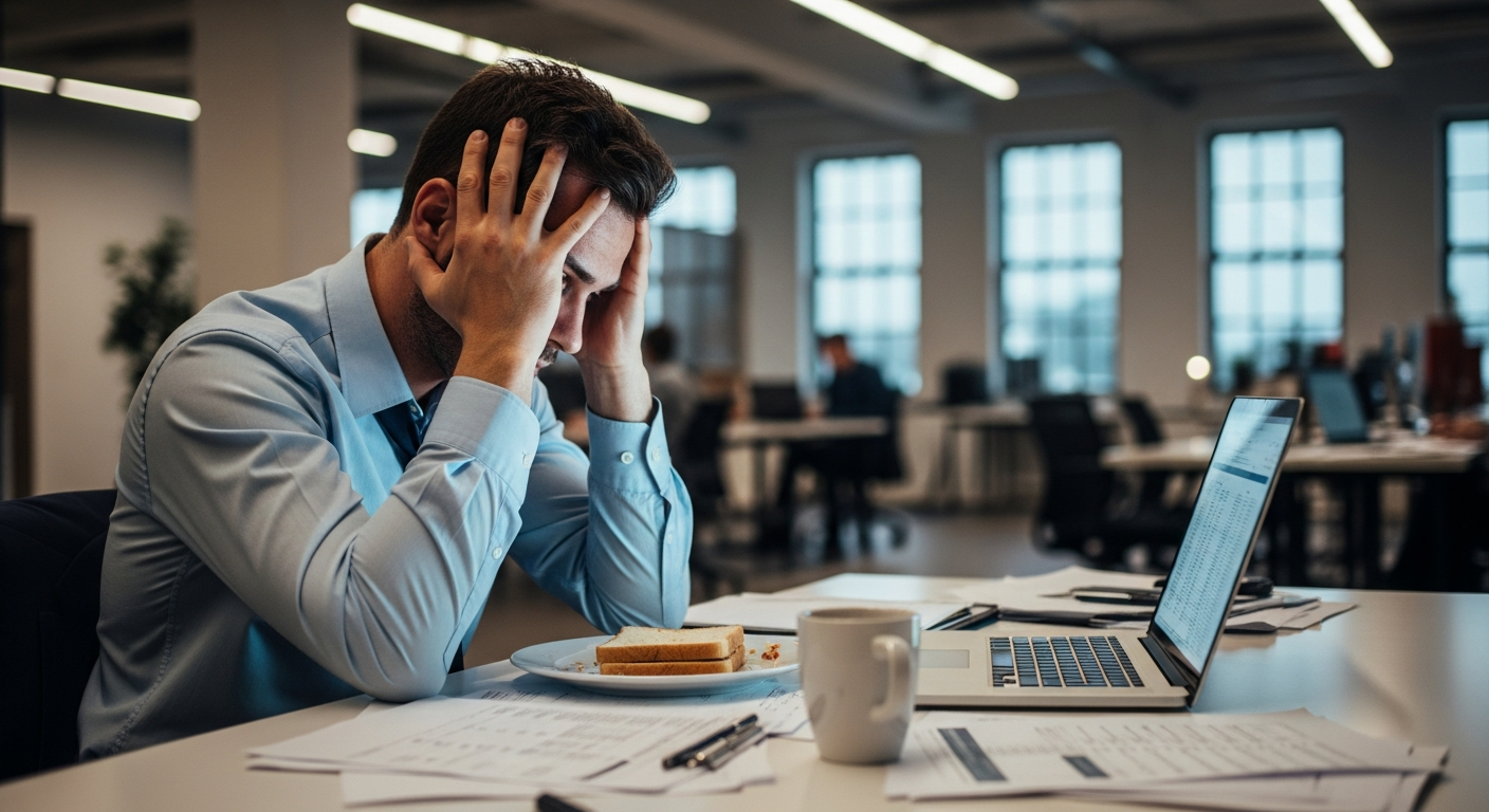 A tired, stressed man at his desk