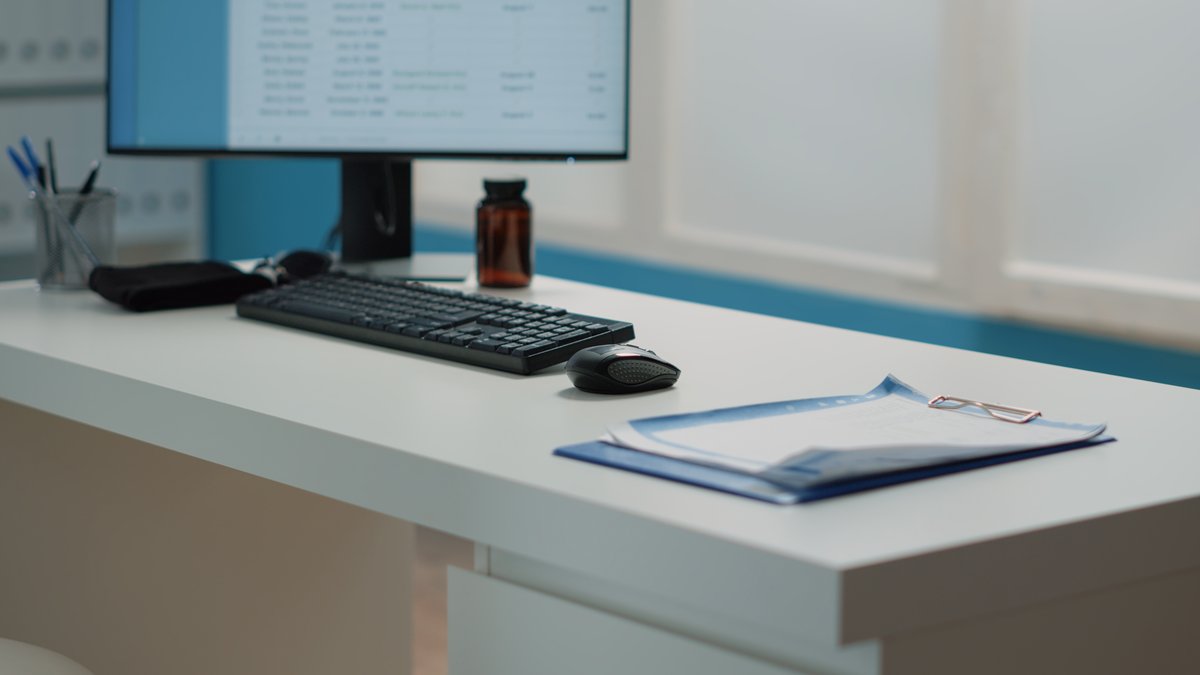 An empty doctor's desk with a computer showing results and a clipboard of notes