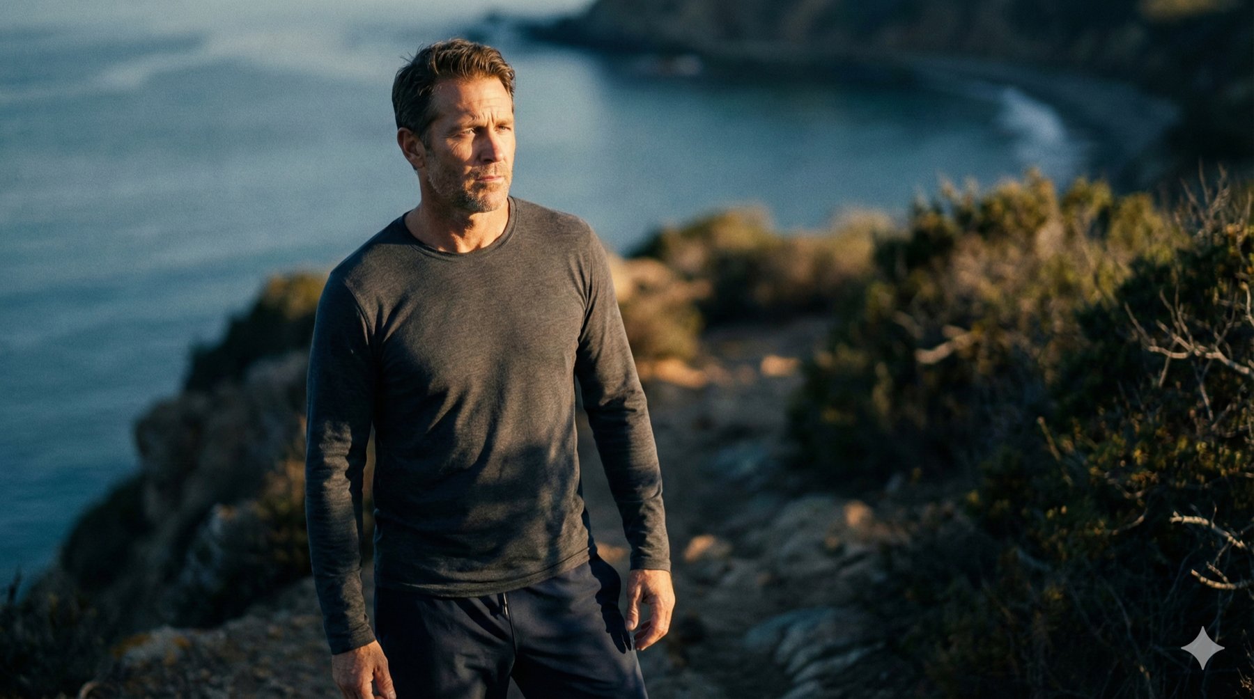Man standing in coastal landscape
